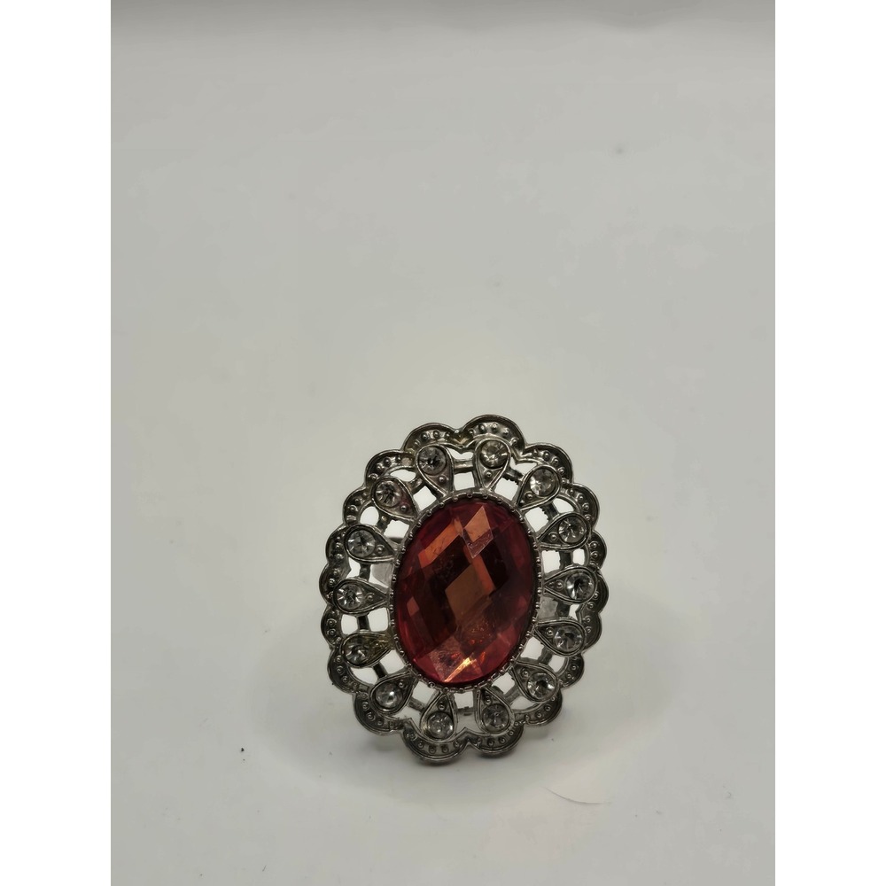Vintage Style Red Rhinestone Cocktail Ring Silver Tone Filigree Adjustable Band